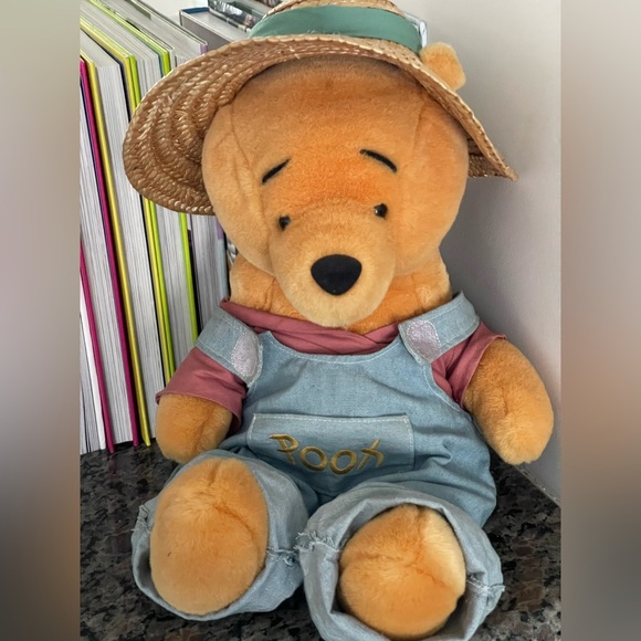 Vintage Disney Winnie the Pooh Denim Overall Straw Hat 14in Plush Garden Pooh - Picture 2 of 5